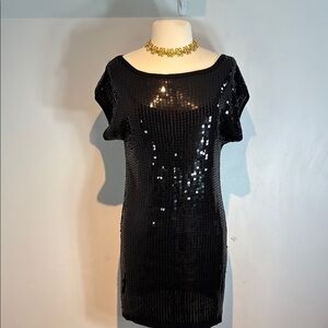 BEBE Black Sequin shift Dress short sleeves size medium